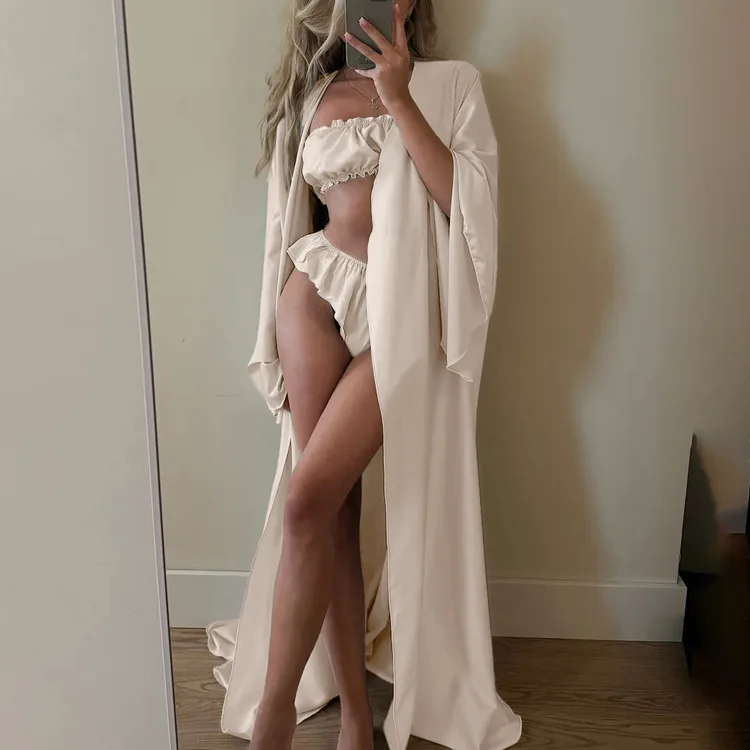 

Fashion Satin Casual Shorts Three Piece Set Spring Women Long Sleeves Lace Up Cardigan Coat+Wrap the Chest+shorts Autumn Outfit