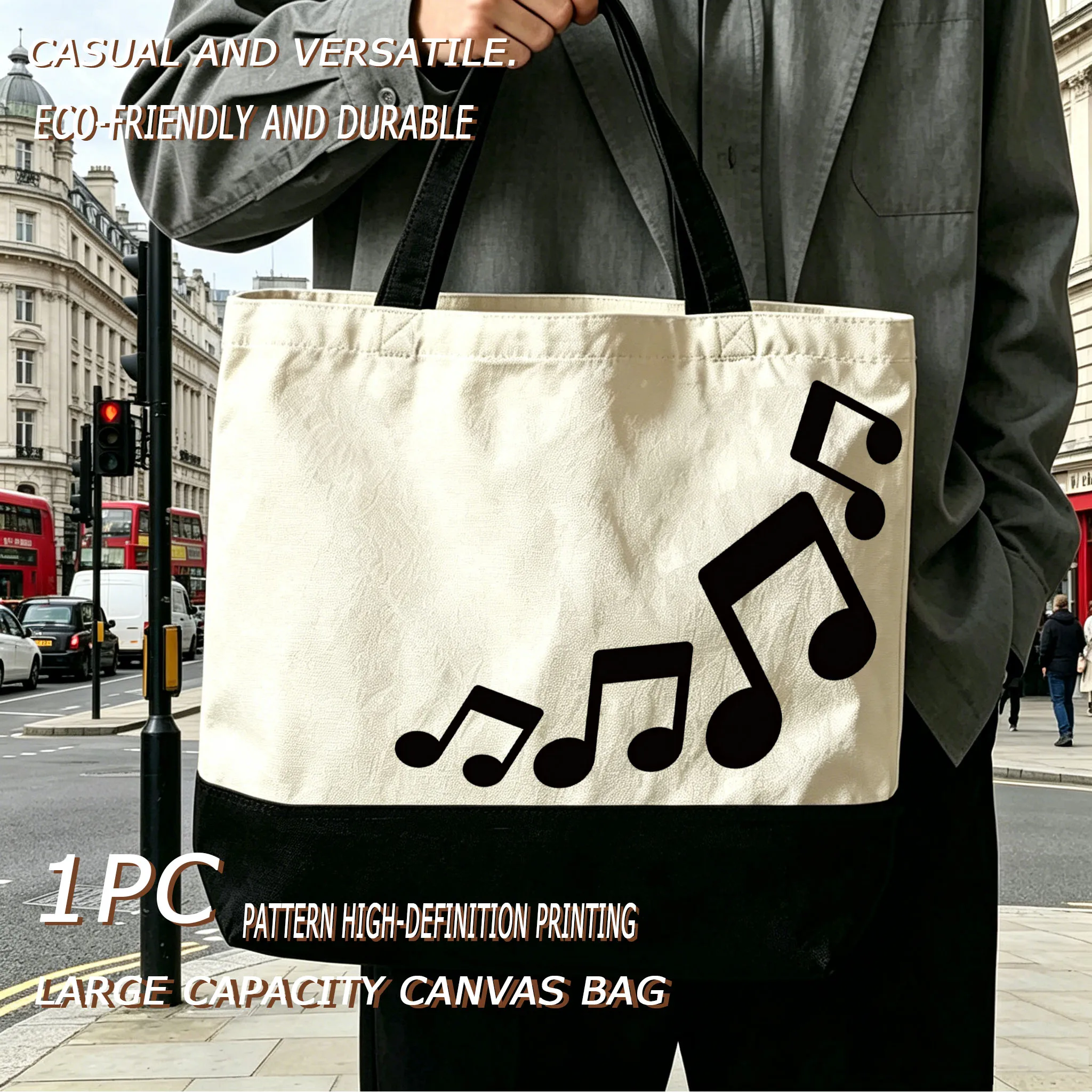 1PC Black And White Spliced Canvas Bag with Black Note Pattern Single Shoulder Handbag for Women