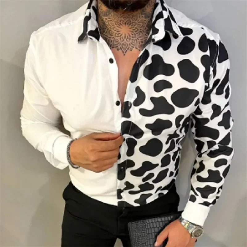 Camisa hawaiana de manga larga para hombre, camisa de playa social de alta gama con forro, Camisa estampada en 3D, color blanco y negro, 2024