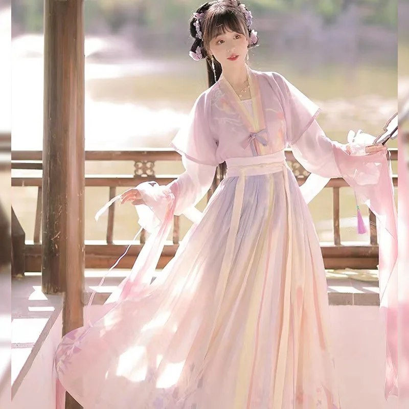 

Tang-style Hanfu for adult women round-neck short-sleeved top waist-high pleated skirt complete ancient costume