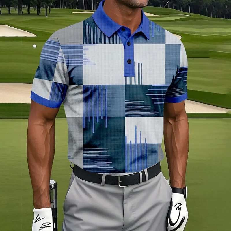 

3D Printed Square Splicing Polo Shirt For Men Geometric Pattern T-Shirts Fashion Leisure Loose Street Button Tees Lapel Tops