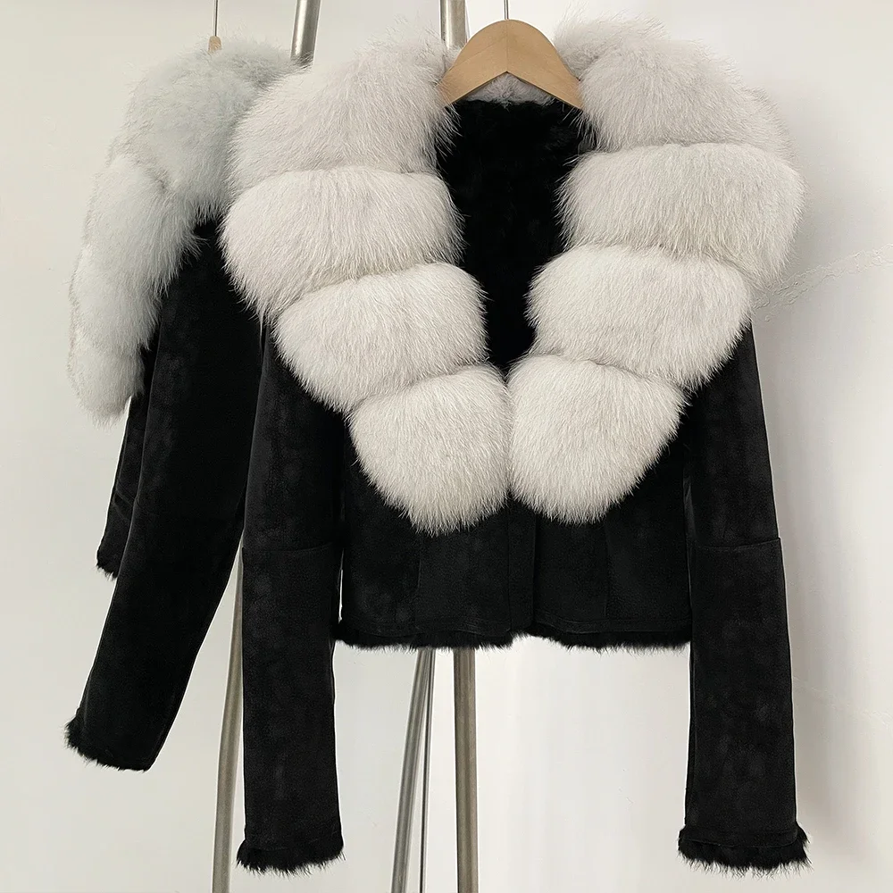 

Women Natural Fox Fur Collar Coat 2025 Autumn Winter New Fur Jacket Fashion Suede Clothing Real Rabbit Fur Liner Slim Female