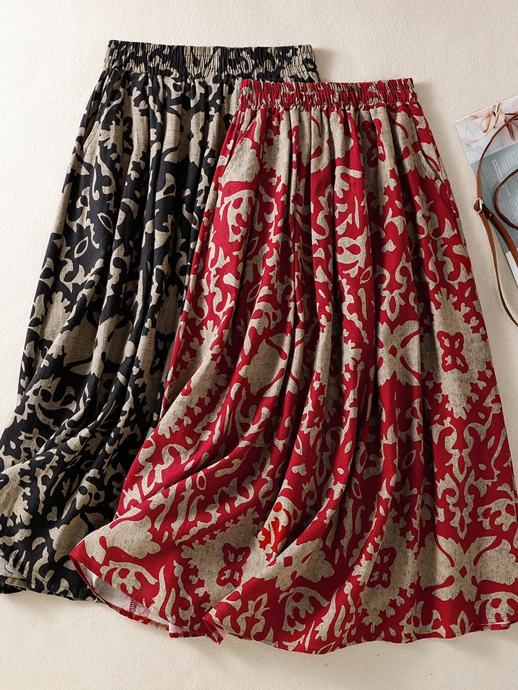 

Retro Korean Japanese Fashion Printed Maxi Skirt Women's plus Size Small Frame Slimming Traditional Chinese Style Umbrella Skirt