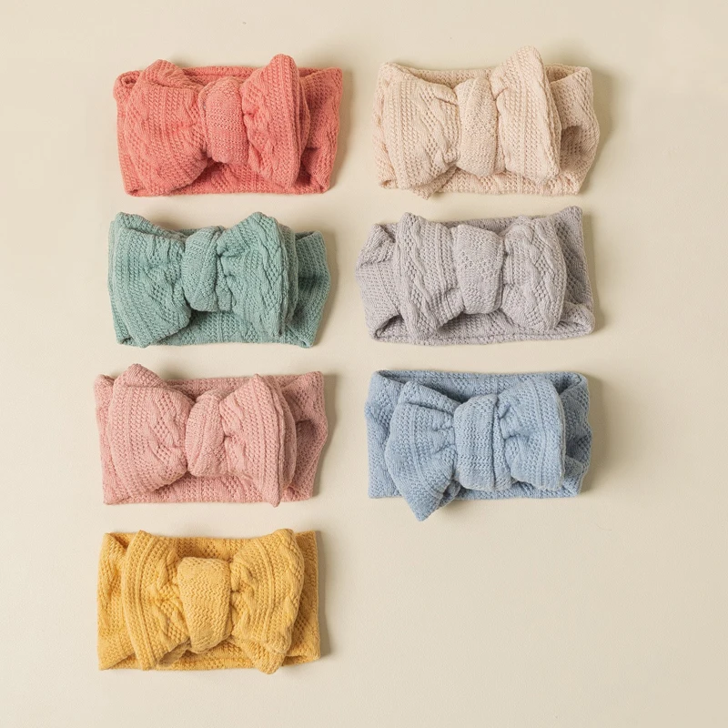 

7PCs/Lot Cable Knitted Baby Girl Big Bow Turban Headband Newborn Head Wraps Children Elastic Hairband Thick Warm Cute Wholesale