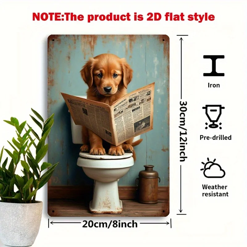 2D Flat - A 2D Flat Retro Metal Sign Featuring a Humorous Image of a Golden Retriever Puppy Reading on The Toilet. This Vintage