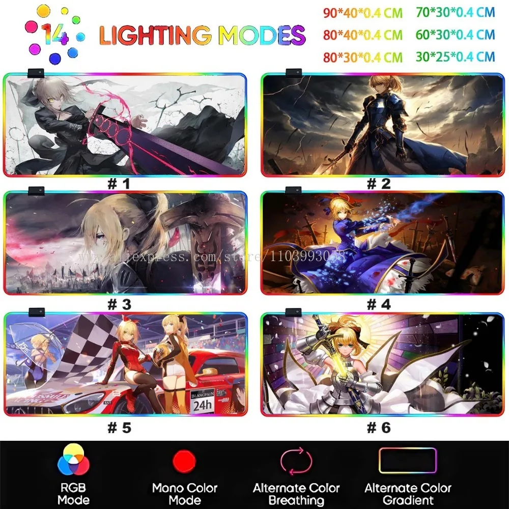 Artoria-Fate/Grand Order RGB Large Mouse Pad Gamer Mousepad Anime Girl Overwatch Non-Slip Mouse Pad Kawaii Gaming Desk Play Mat