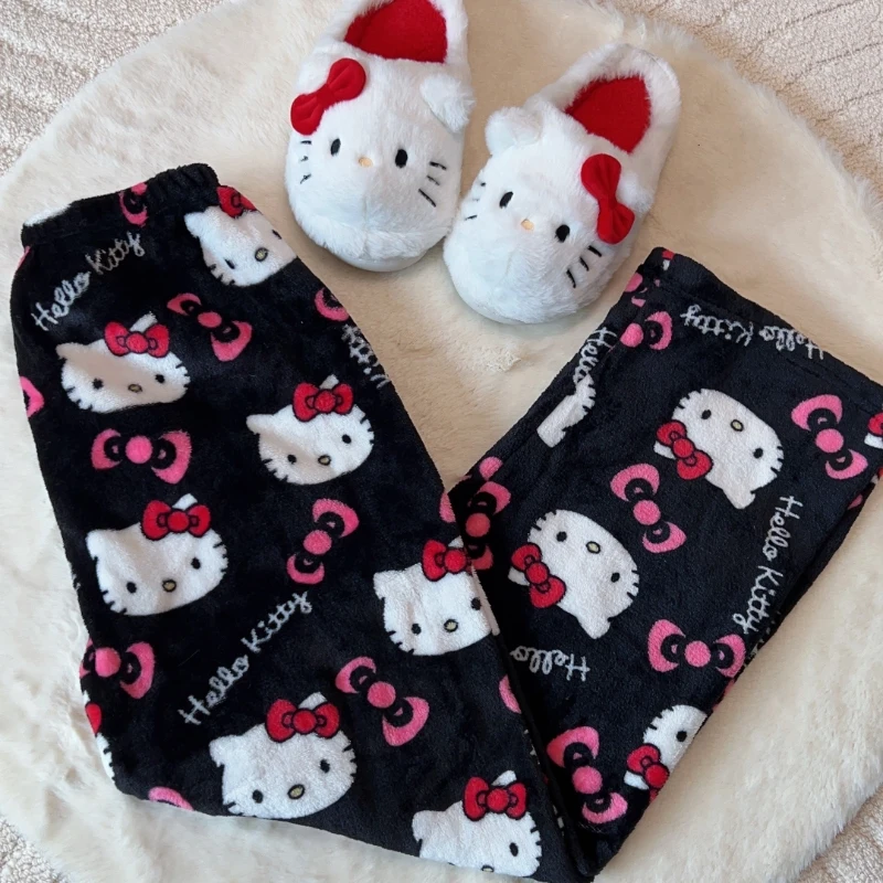 Kawaii Sanrio Hellokitty Cartoon Pajama Y2K Women Fall/winter Fluffy Warm Granny Trousers Fashion Loose Household Apparel