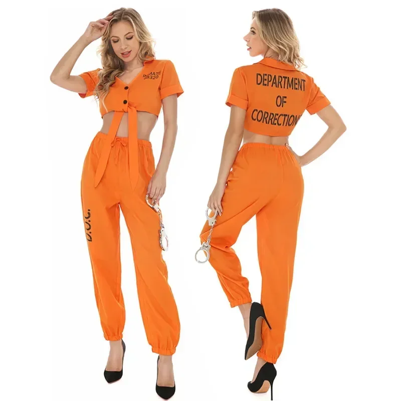 Women's Orange Street Hip Hop Split Prisoner Cosplay Costume Halloween Party Game Stage Bar Convict Costumes