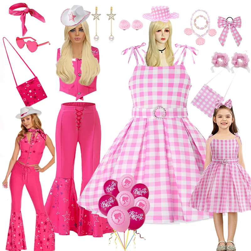 

2024 Girls Barbi Cosplay Costume Dress Starry Pink Vest Top Pants Scarf Suit For Kids Girls Birthday Party Pink Plaid Dress set