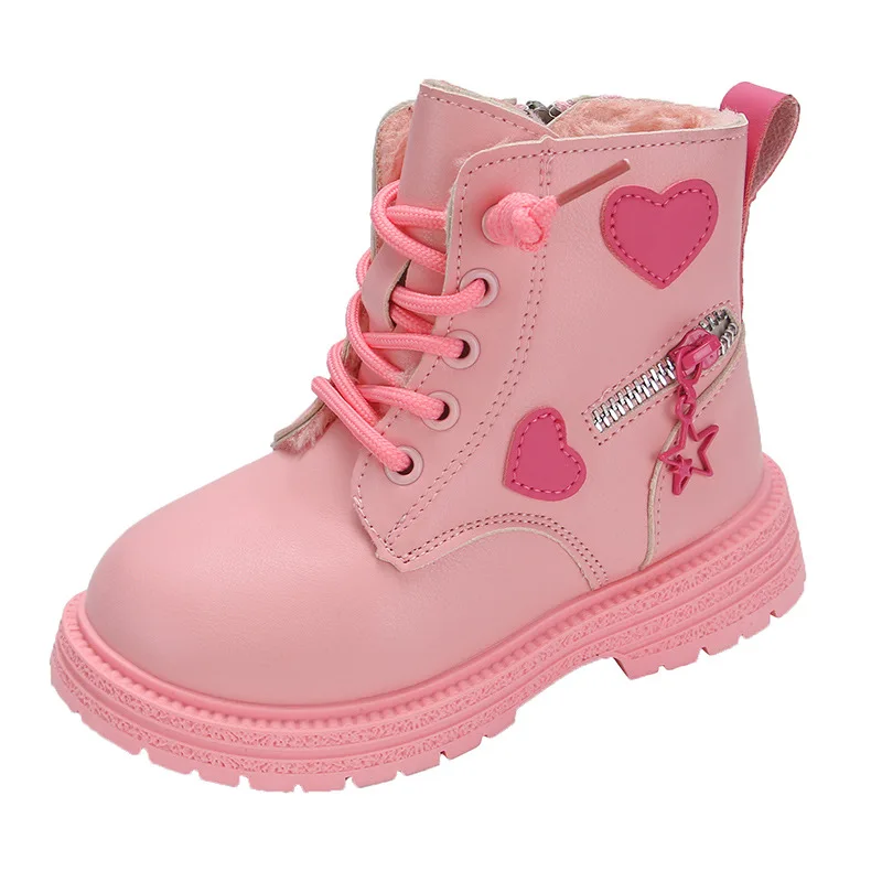 Girls Boots Kids Fashion Rubber Boots Cool Girl Autumn Winter New Cotton Soft Sole Pink Heart Side Zip Round Toe Princess Shoes