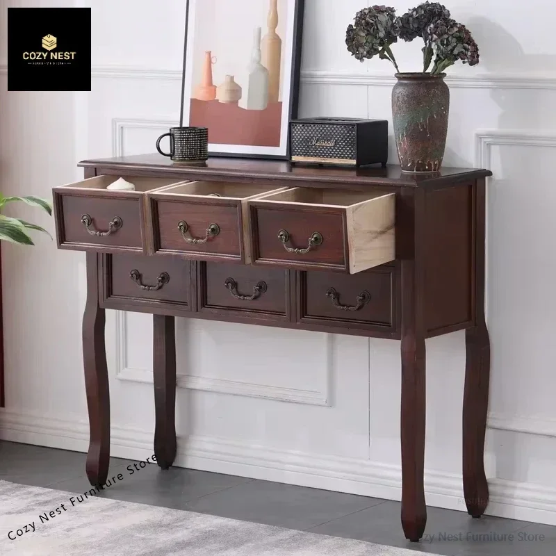 Retro Solid Wood Console Table for Entrance American Decorative Double Drawer Tables Light Luxury Living Room Table for Home H