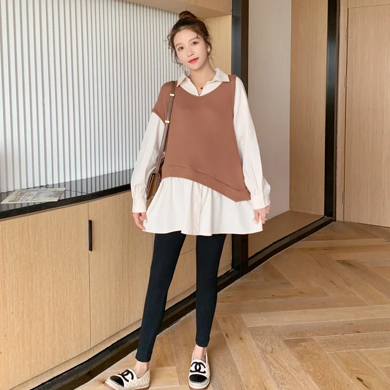 2025 Spring Maternity Clothing Set Long Sleeve Turn-down Collar Knitted Pullovers+black Leggings Pregnant Woman Shirts Twinset