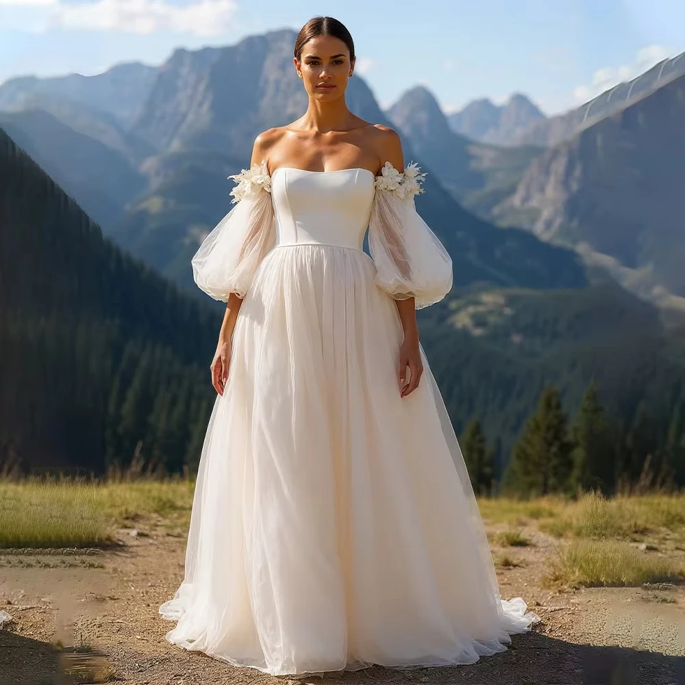 

Elegant Long Sleeves Women Wedding Dresses Sweetheart Collar A-Line Bride Robes Lace Floral Printing Vestido De Novia Customized