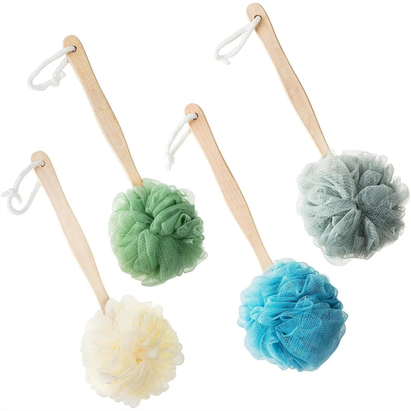 

4 Pack Large Bath Puff Loofah Sponge with Long Handle Shower Loofah, Back Brush for Women Men