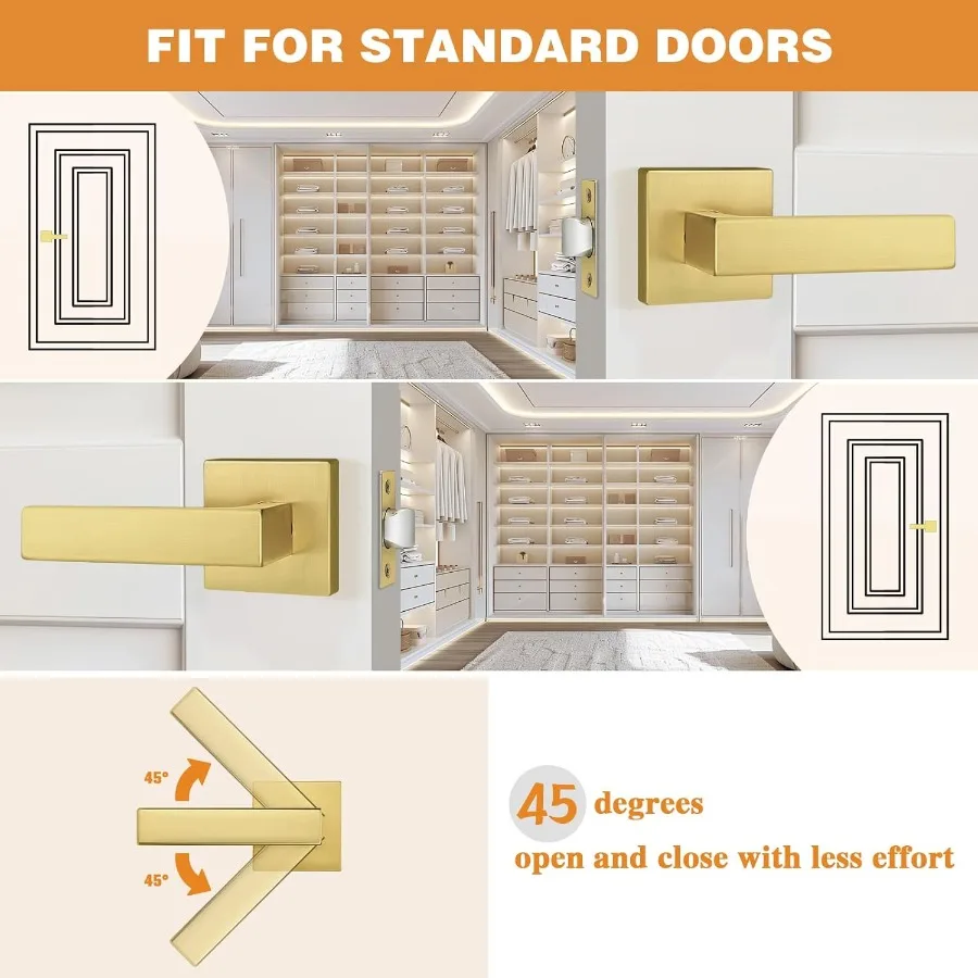 มือจับประตูแบบสี่เหลี่ยมจัตุรัสสีทองขัดเงา 10 ชิ้น สำหรับประตูทางเดิน ตู้เสื้อผ้า ประตูภายใน  แบบไม่ใช้กุญแจ  พร้อมกุญแจแบบมีร่อง  งานหนัก