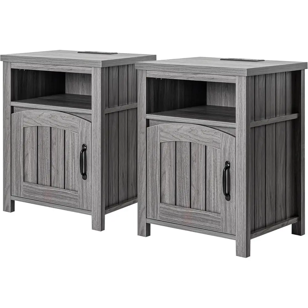 Set of 2 18 Nightstands with Charging Stations, Adjustable Shelving, Rustic Wooden Side Tables for Living and Bedroom, Gray
