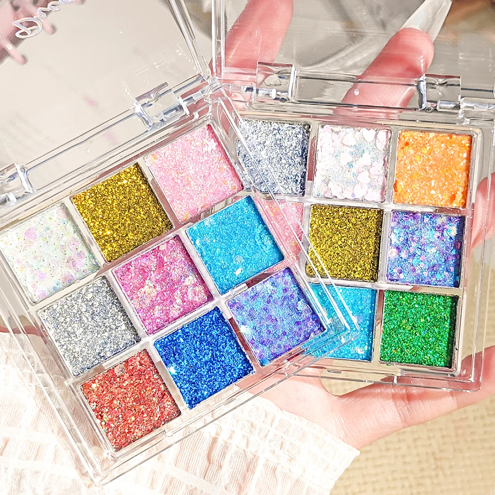 Paleta de sombras de 9 cores com lantejoulas e glitter - glitter dourado de alto pigmento, maquiagem de palco e festa, festivais de música/carnavais/Páscoa