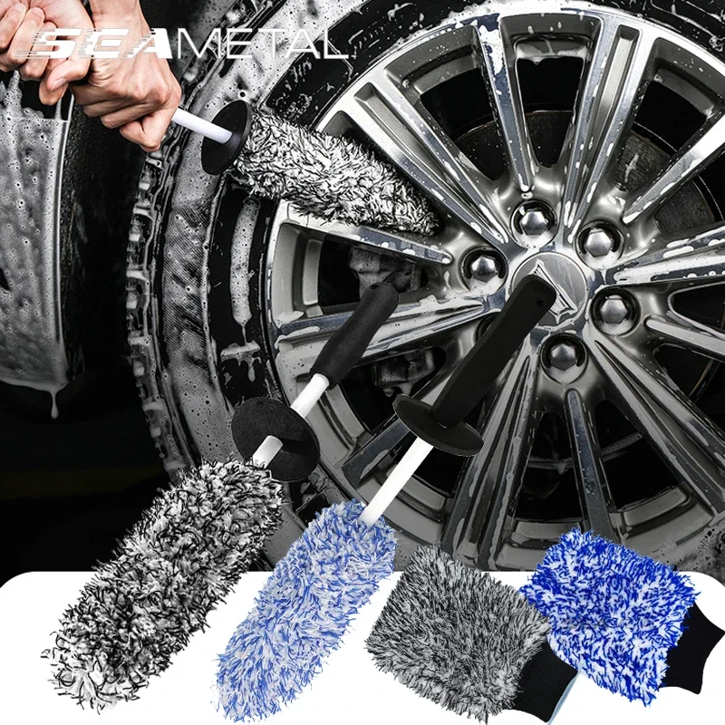

SEAMETAL Microfiber Car Wash Brush Cleaning Gloves Plastic Handle Wheel Brush Double-Side Absorbent Clean Glove Car Washing Tool
