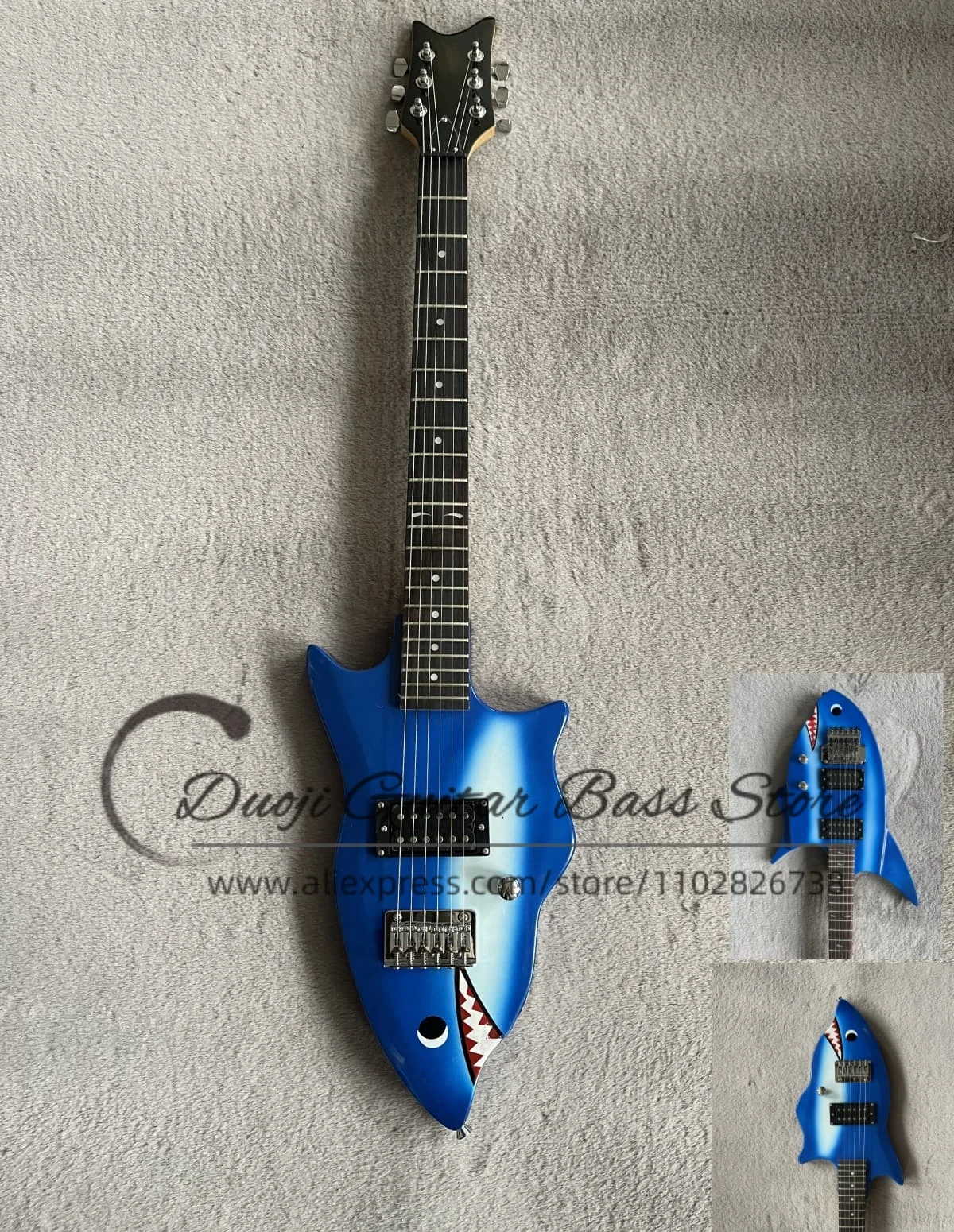 Classic Shark Guitar Blue pattern Rose wood fingerboard flying fish inlaid basswood body maple neck fixed bridge