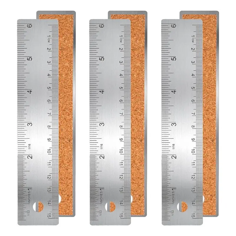 AEE6-3 Pcs 6-Inch Non-Slip Metal Ruler With Cork Backing Rulers Non Slip Straight Edge Cork Base Rulers For Woodworking