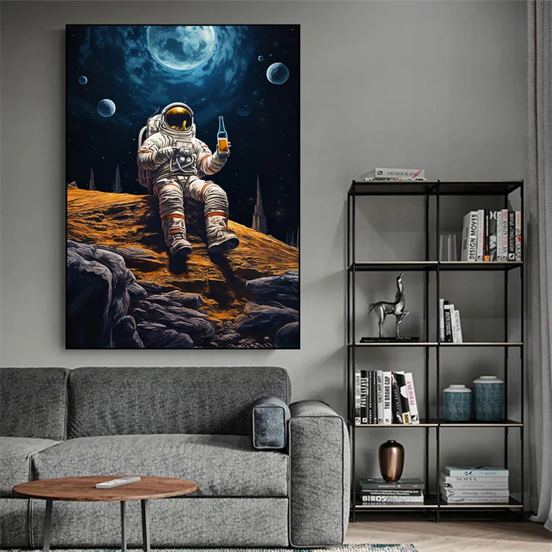 Modern Astronaut Posters Astronaut with Beer on Moon Bar Canvas Paintings Astronauts Playing Poker in The Space Mural Home Decor