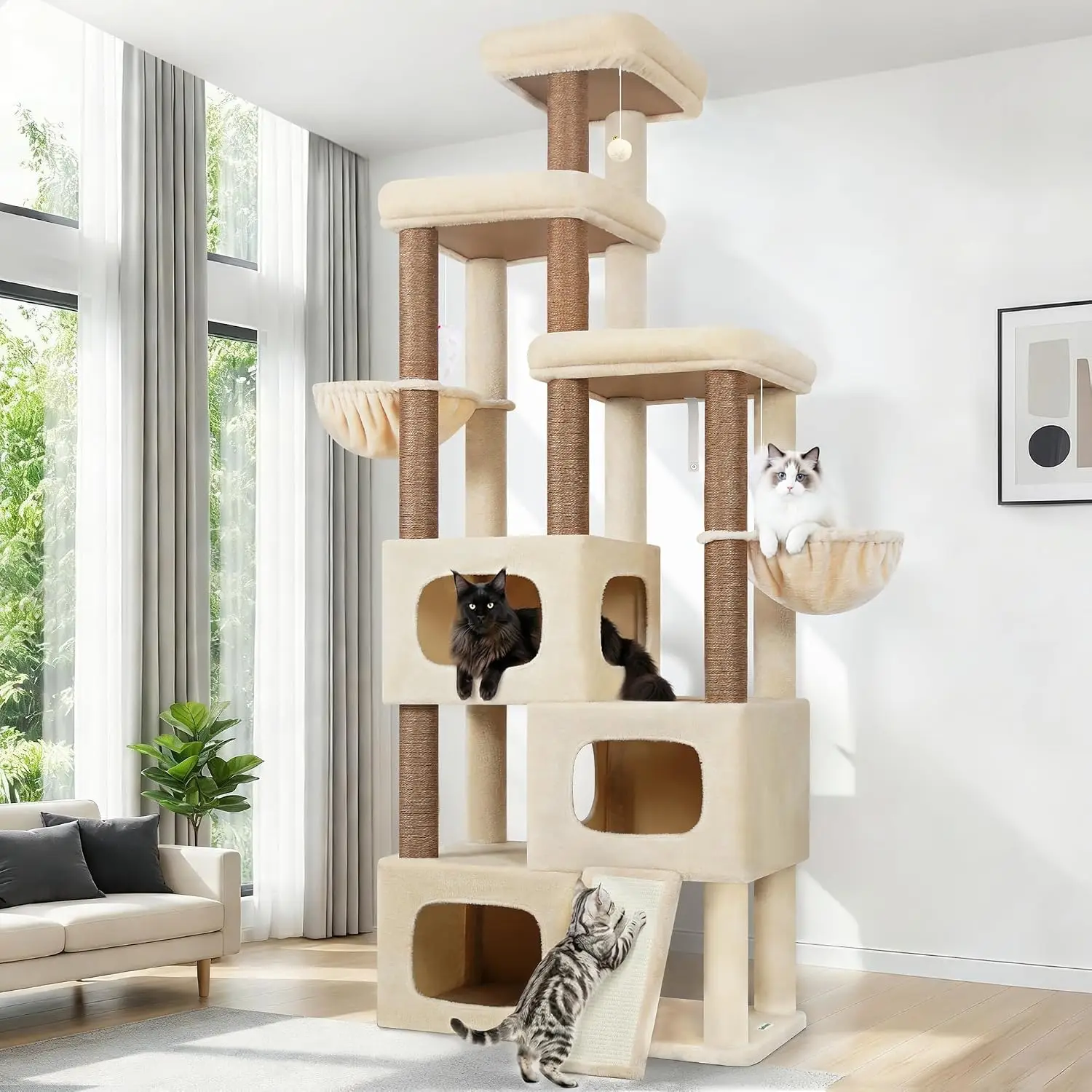 Árbol para Gatos de 85 Pulgadas de Altura para Gatos Grandes, Multinivel con 3 Casas, 2 Hamacas y Postes de Sisal, Resistente, para Maine Coon, Beige, Personalizado