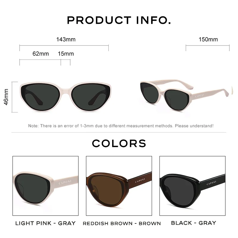 CAPONI New Polarized Women Sunglasses Top Selling Outdoor Vintage Design Cat Eye Eyewear Brand Acetate UV400 Pink Shades BH24006