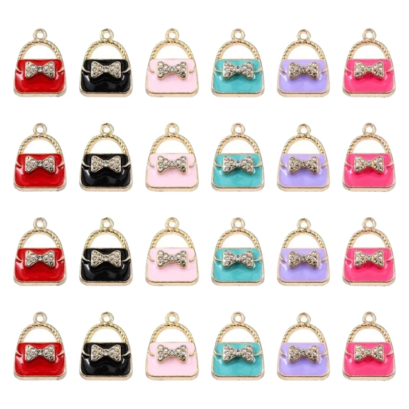 60 Buah 6 Warna Enamel Busur Tote Charm Kristal Berlian Imitasi LightGold Tote Charm Kecil untuk Perhiasan