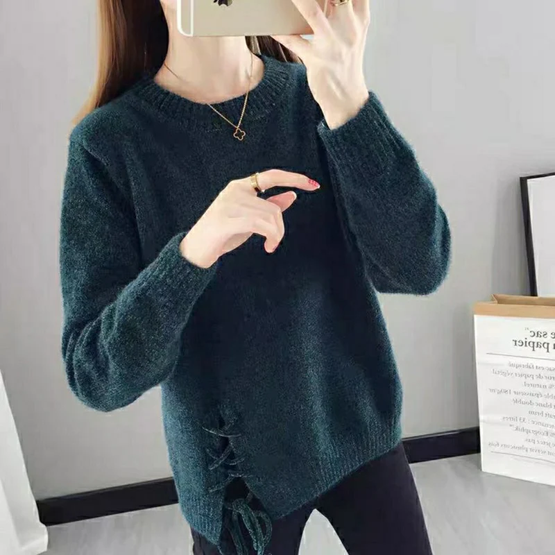 Fashion O-Neck Solid Color Split Bandage Sweaters Female Clothing 2024 Autumn Winter New Loose All-match Pullovers Casual Tops