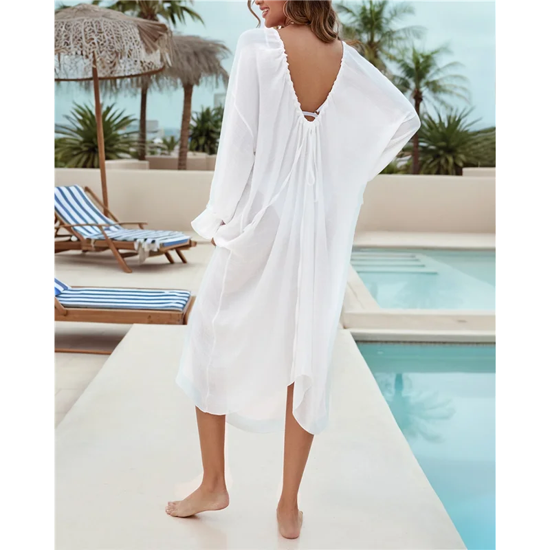 ABRT-Women Solid Color Cover Up Crew Neck Backless Plus Size Beach Kaftan Dresses
