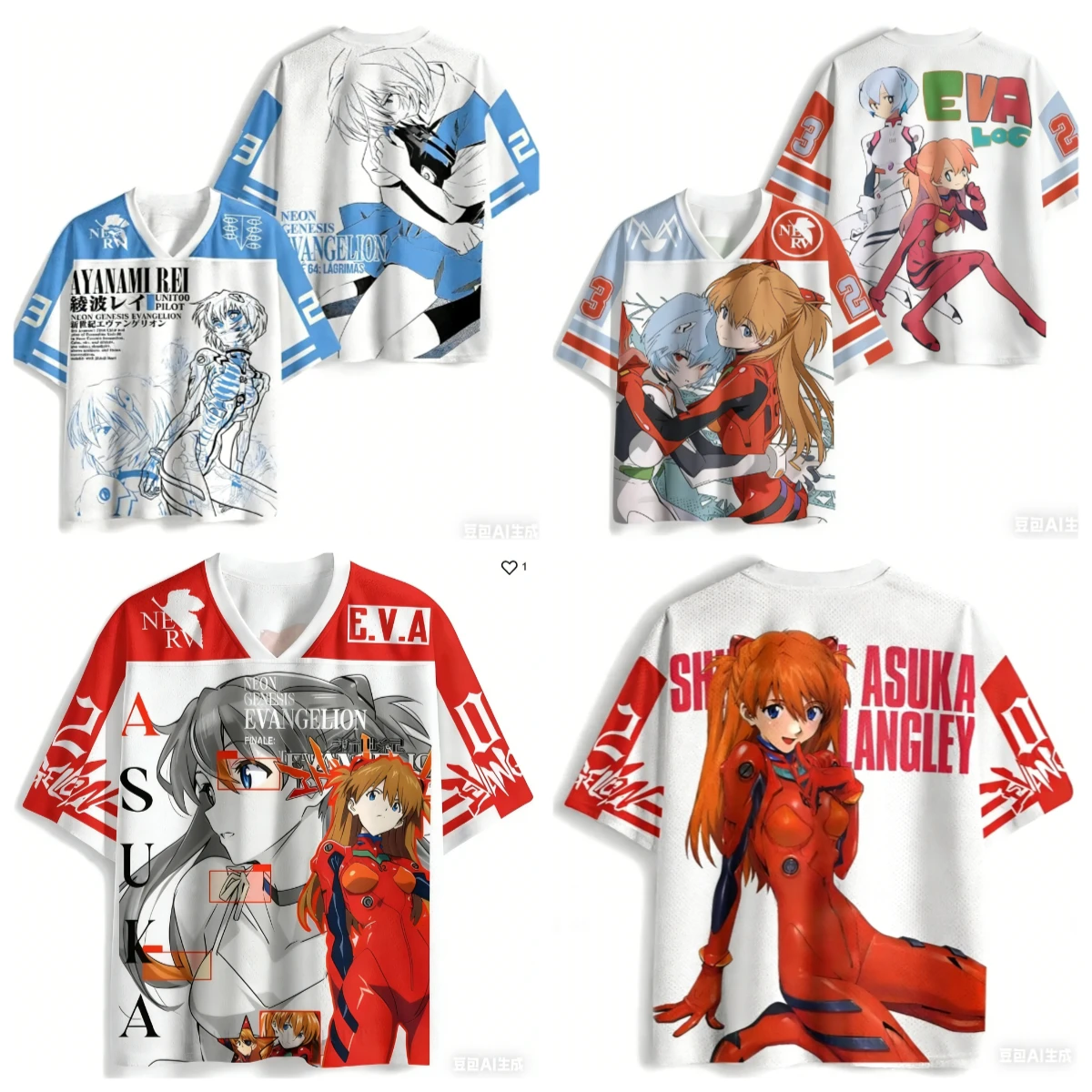 Adult and Children Neon Genesis Evangelion Asuka / Rei Ayanami V-neck 3D Printed Jersey, Shorts Friends