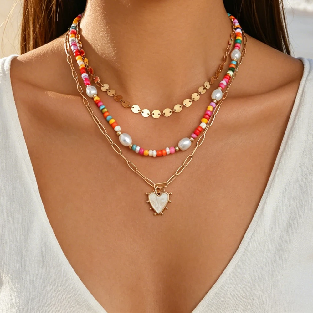 3Pcs Layered Heart Pendant Necklace Women Colorful Beaded Faux Pearl Y2K Boho Summer Beach Vacation Fashion Jewelry Gift