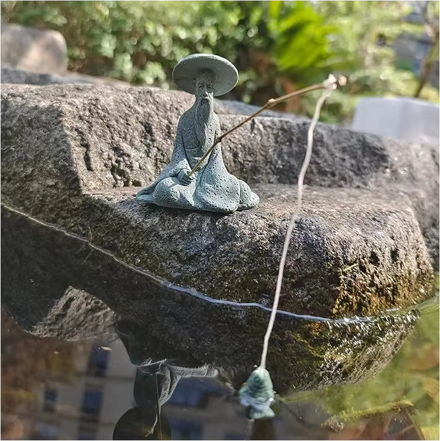 Aquarium Mini Fisherman Statue Asian Zen Decoration Sitting Fishing Figurines Sandstone Vintage Ornament for Fish Tank Garden