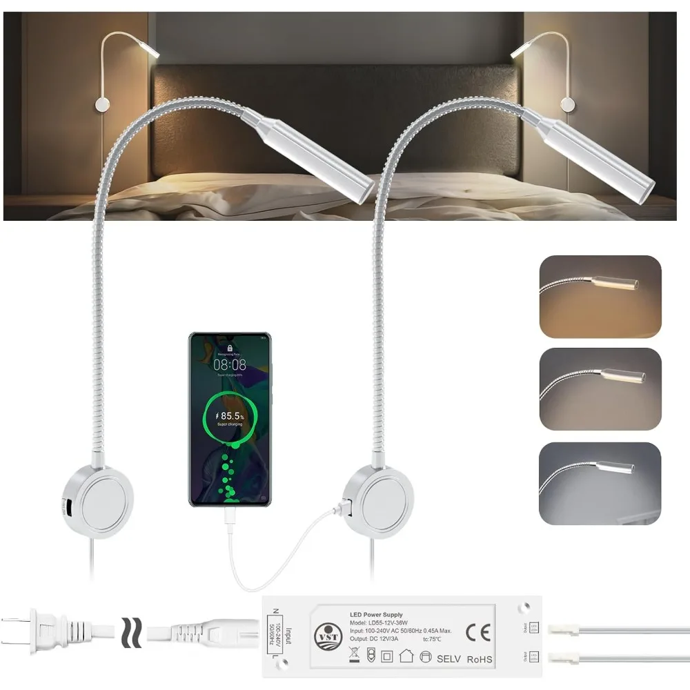 Wall Mounted Reading Lamp with Touch Adjustable Color & Brightness, USB/Type-C Ports, 20W Driver, ETL-Listed