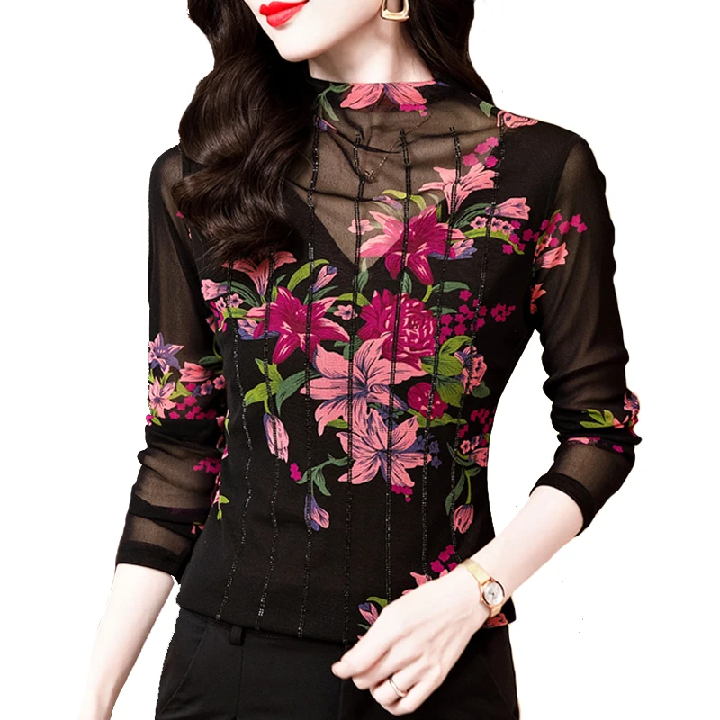 

New Spring Autumn Floral Printed Tops Women Slim Half high collar Casual Tees Korean Fashion Rhinestone Long sleeve Mesh T shirt