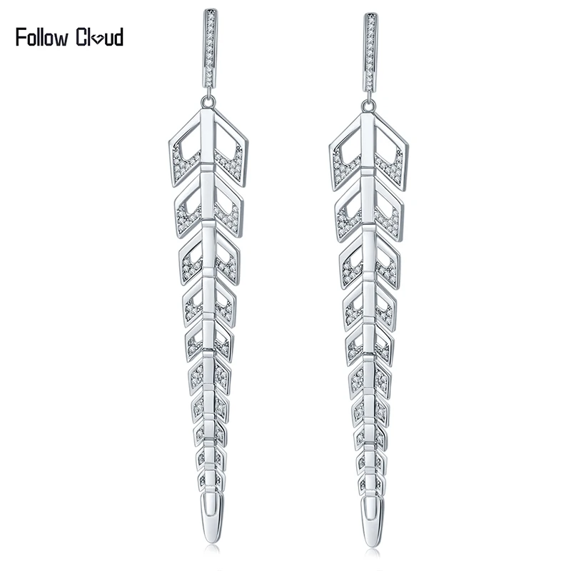 Follow Cloud Long Feather Total 0.7ct Real Moissanite Diamond Drop Earrings for Women 925 Sterling Silver 1mm with Certificates