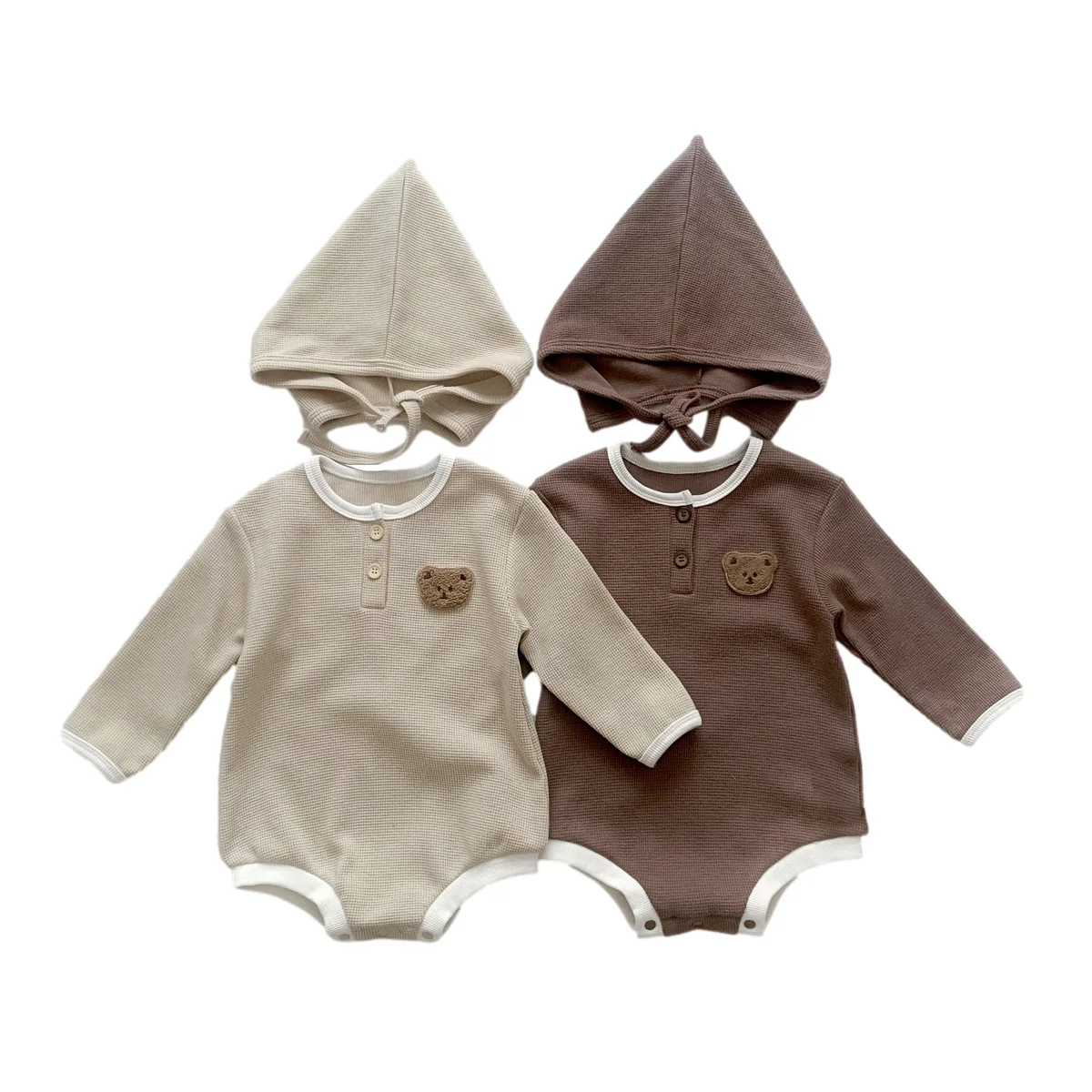 

2023 Autumn Waffle Baby Romper Hat Toddler Outfit Set Cute Bear Korean Kids Jumpsuits for Girls Boys Clothes Fashion Infant Suit