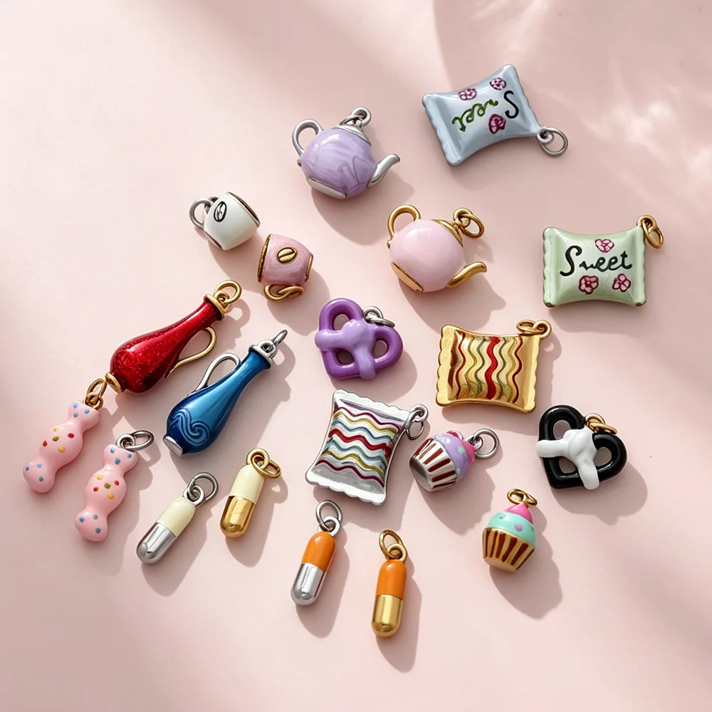 Plated Stainless Steel Enamel Food Charms Teapot Candy Cupcake Pill Pendant for DIY Bracelet Necklace Jewelry Making Supplies - view 2