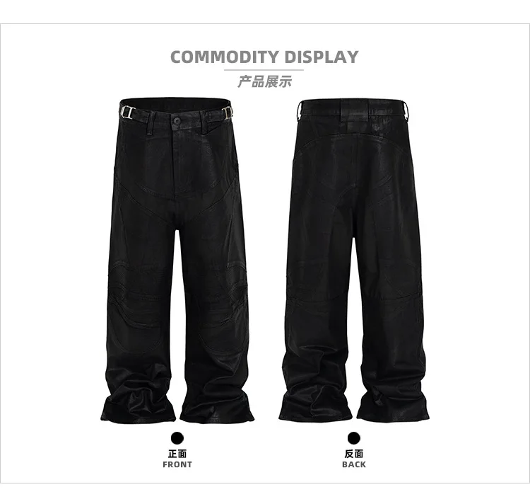 MIJKO Vintageเคลือบขี้ผึ้งสีดําขากว้างBaggy Cargoกางเกงผู้ชายStreetwear CleanfitจีบลําลองOverallsกางเกงหลวม