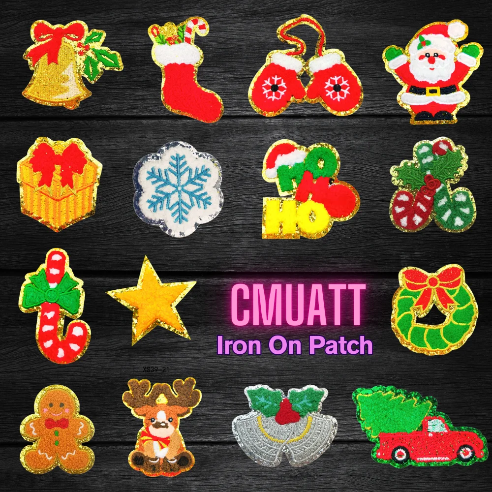 

Funny Christmas Ornament Jolly Bow Mistletoe Candy Cane Santa Glitter Applique Iron on Embroidered Chenille Patches for Clothes