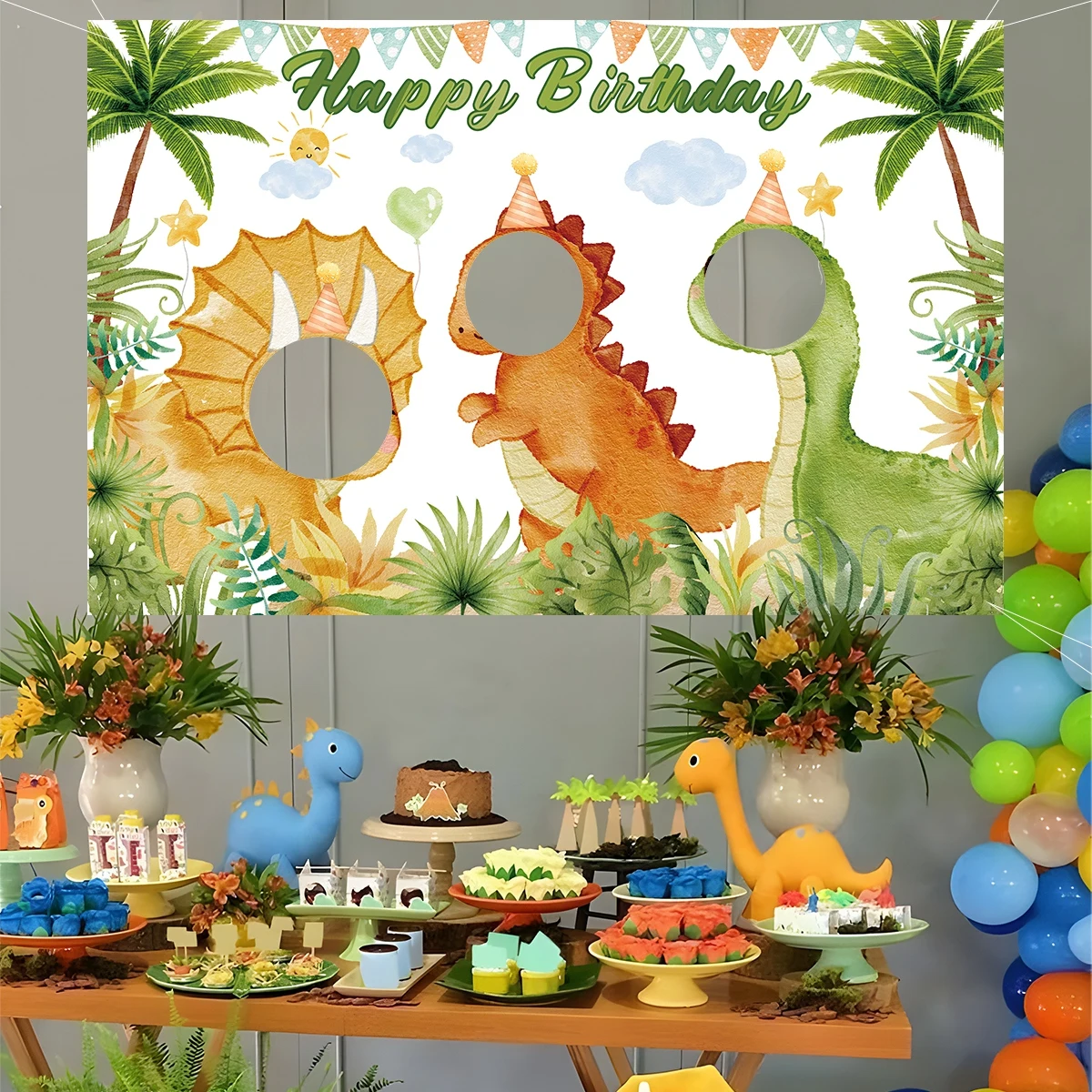 Cartoon Dinosaur Happy Birthday Party Supplies Photo Backdrop Baby Shower Custom Photographic Background