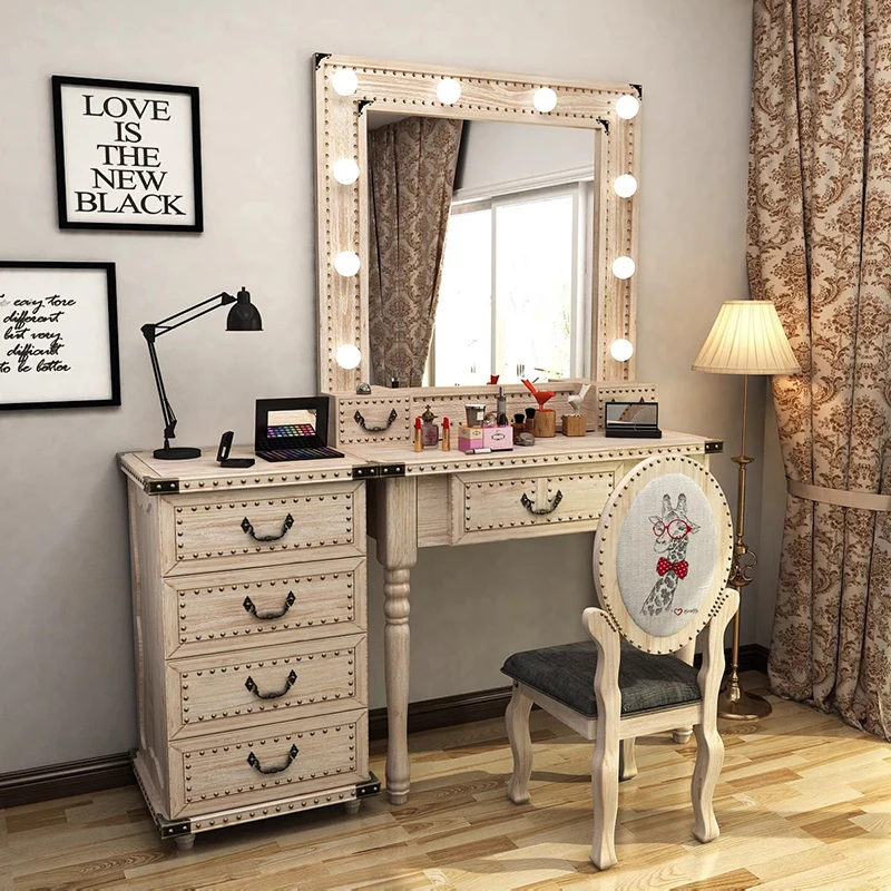 

Natural Wood Modern Dressing Table Drawers Minimal Cabinet Mirror Dressing Table Storage Makeup Coiffeuse De Chambre Furniture