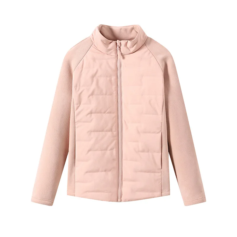 Pequena cintura outono e inverno gola alta leve pato branco para baixo jaqueta feminina emendado forro interno esportes corrida