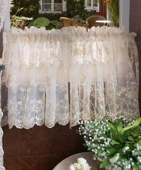 1PC American Retro Beautiful Romantic Embroidery Flower Lace Half Short Curtain Partition Gauze Curtain