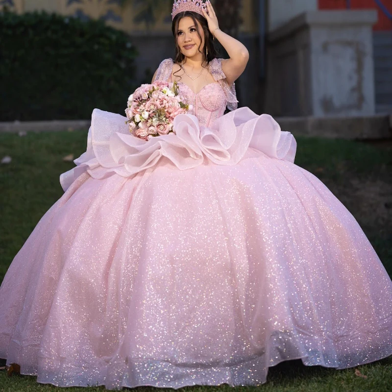 

Pink Shiny Quinceanera Dresses Off The Shoulder Beading Tull Tiered Party Birthday Ball Gown Sweet 16 Dress Vestidos 15 De Anos