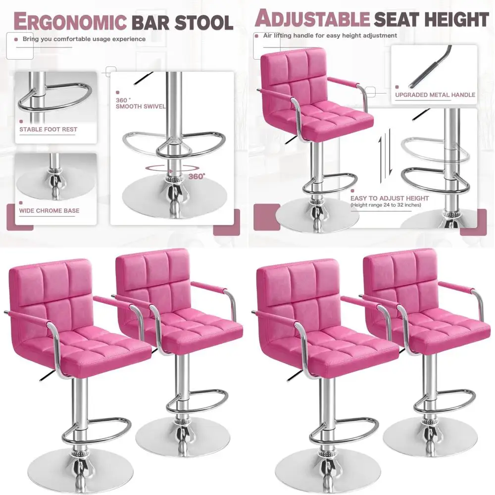 

Современные барные стулья из велюра с подлокотниками, регулируемые по высоте, с увеличенным основанием, квадратным сиденьем, для барной стойки, комплект из 2 штук, розовые