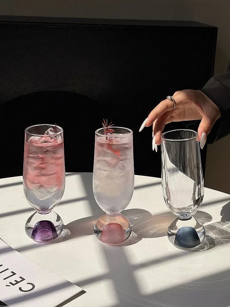 Round Bubble Base Cocktail Glass, High Aesthetic Glass Juice Cup, Cold Drink & Americano Coffee Cup, Elegant Bubble Wine Glass