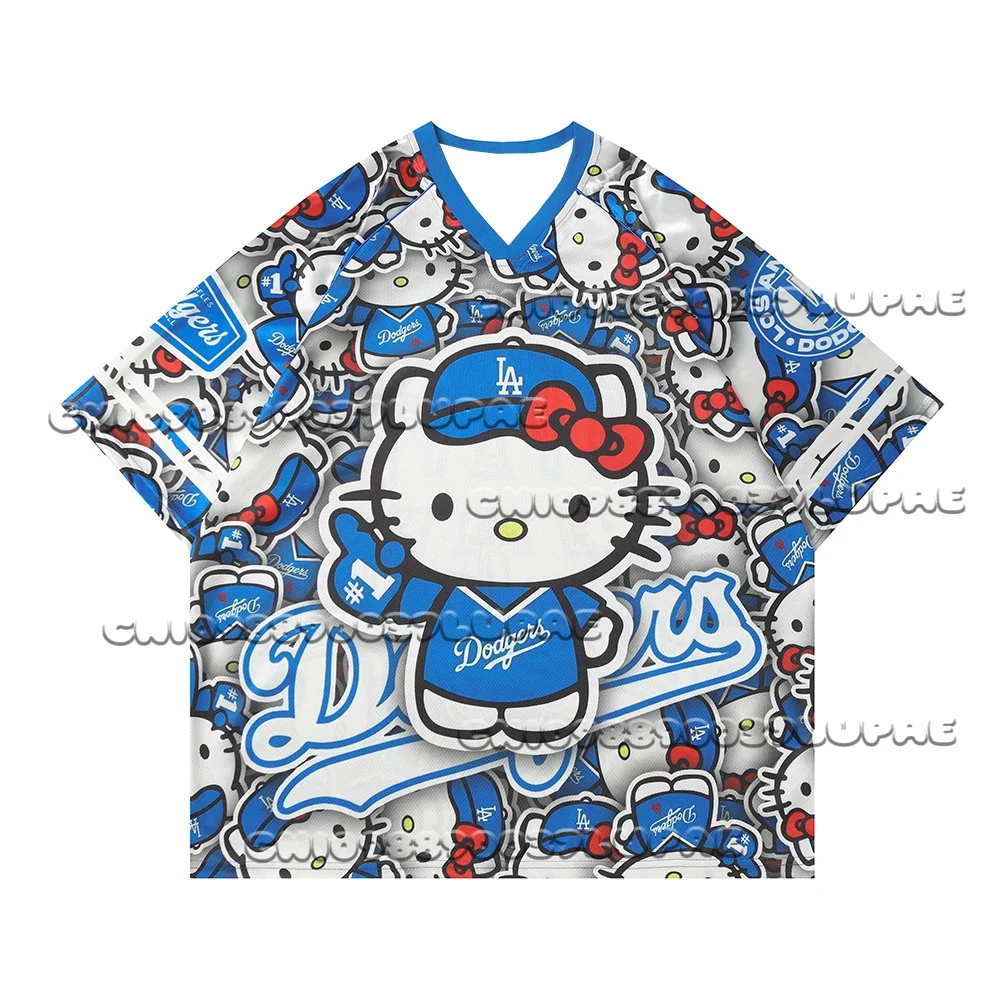 

2025 New Miniso Sanrio American Retro Hello Kitty Cartoon Sports Jersey Short Sleeved Tee Men Women Summer Breathable Shirt