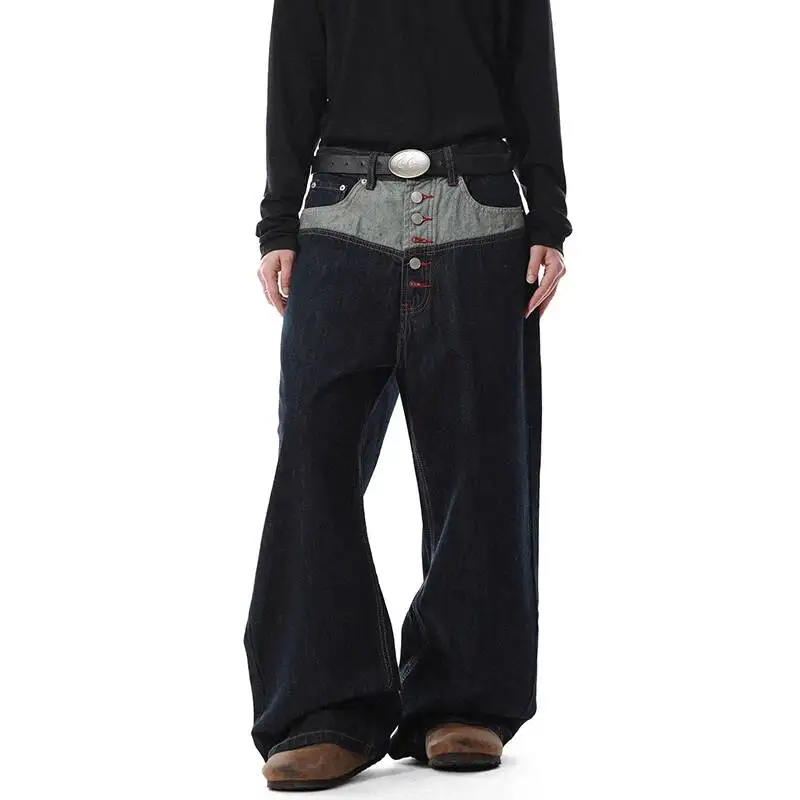 LUZHEN 2026 New Fake Two Piece Design Splicing Waist Straight Denim Pants Men's Fashion Personalized Loose Casual Jeans JY7663