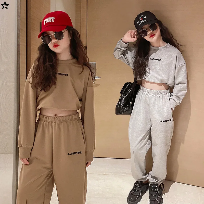 

2025 Autumn Kids Girl Two-piece Sets Letter Embroidery Solid 4-14Y Girls Suit Round Neck Sweatshirt+Elastic Waist Pant Tracksuit